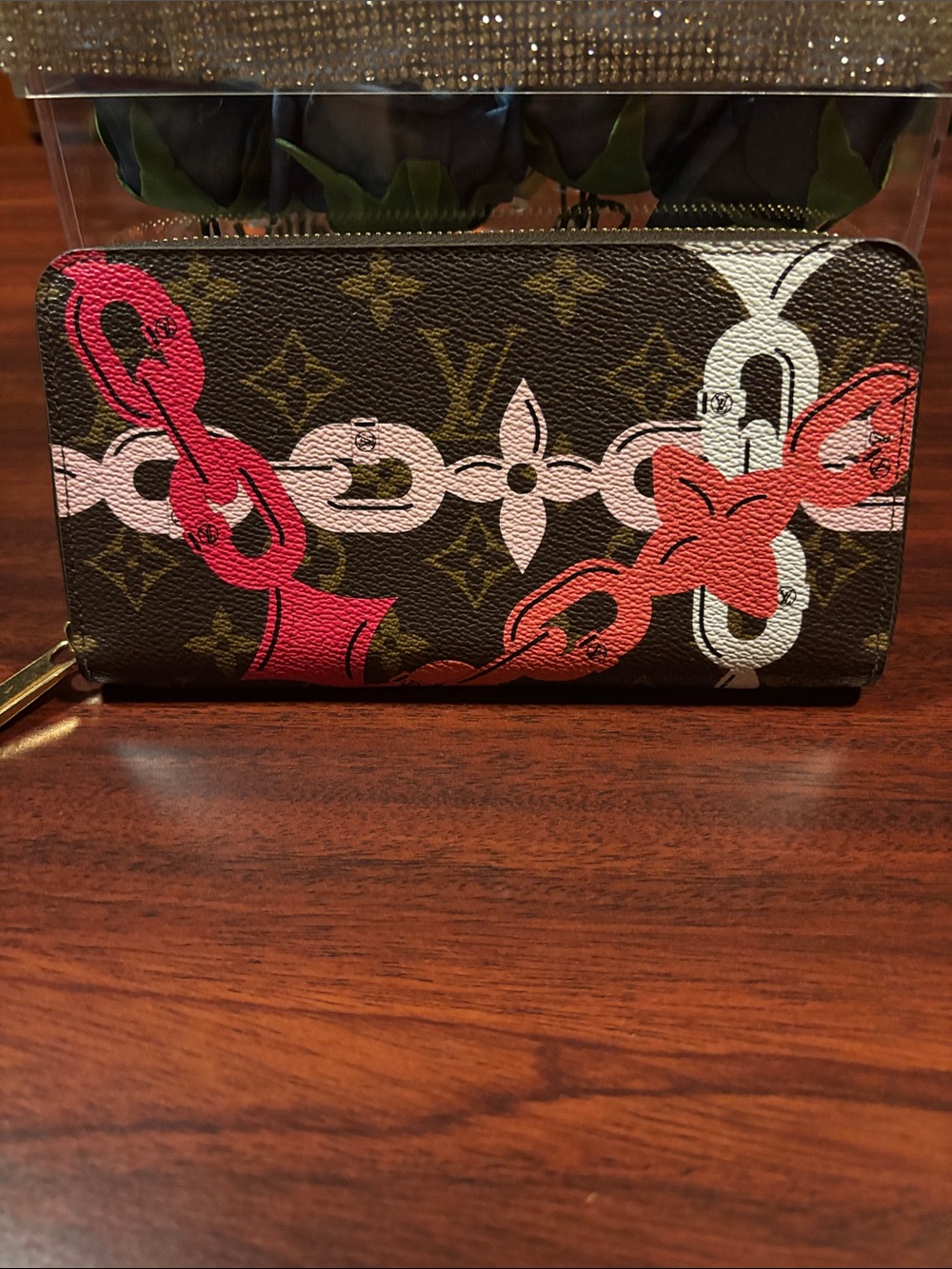 Louis Vuitton Monogram Chain-Print Zip Wallet - Brown/Red/Pink/White